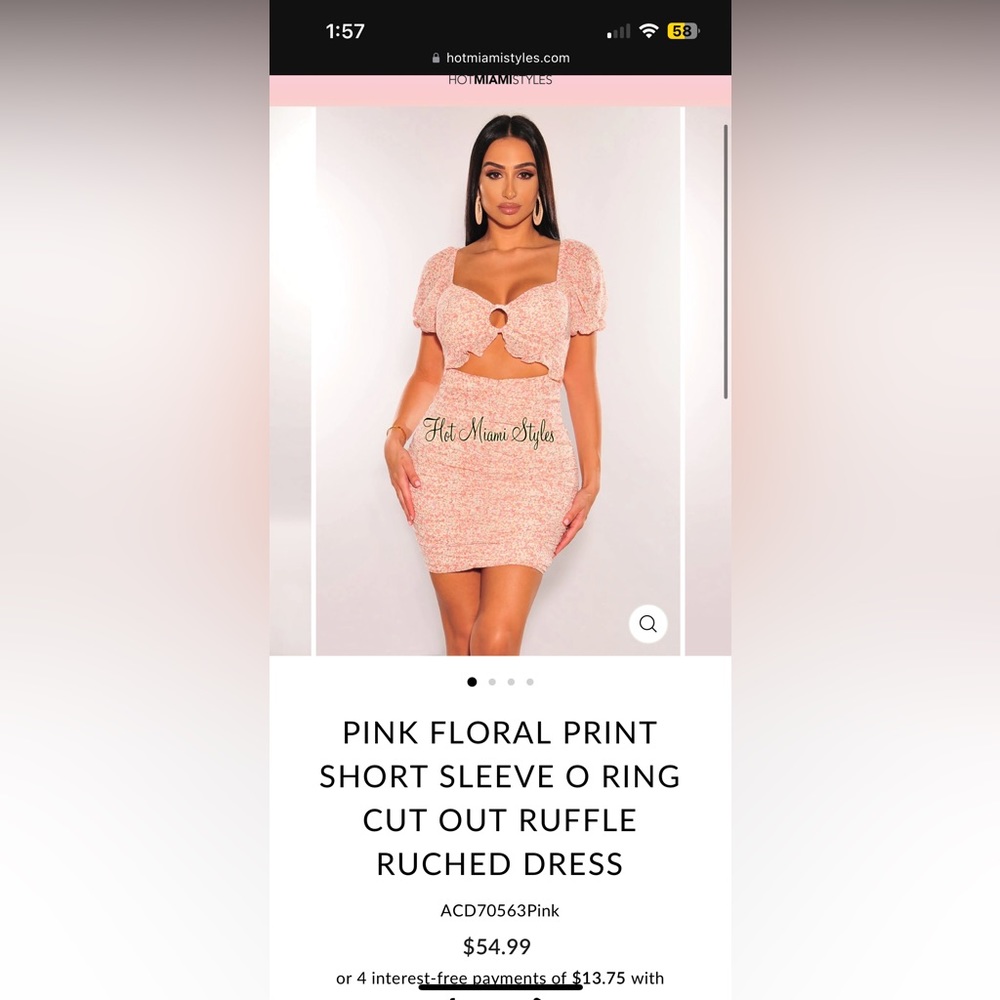 PINK FLORAL PRINT SHORT SLEEVE O RING CUT OUT RUFFLE RUCHED DRESS